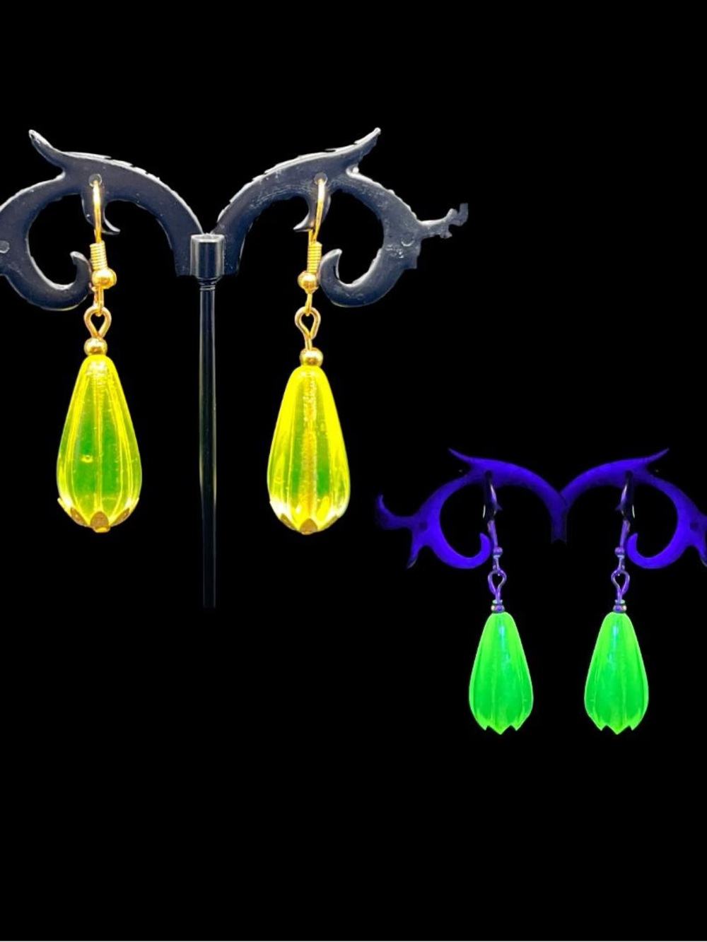 Handcrafted uranium glass drop earrings UV reactive